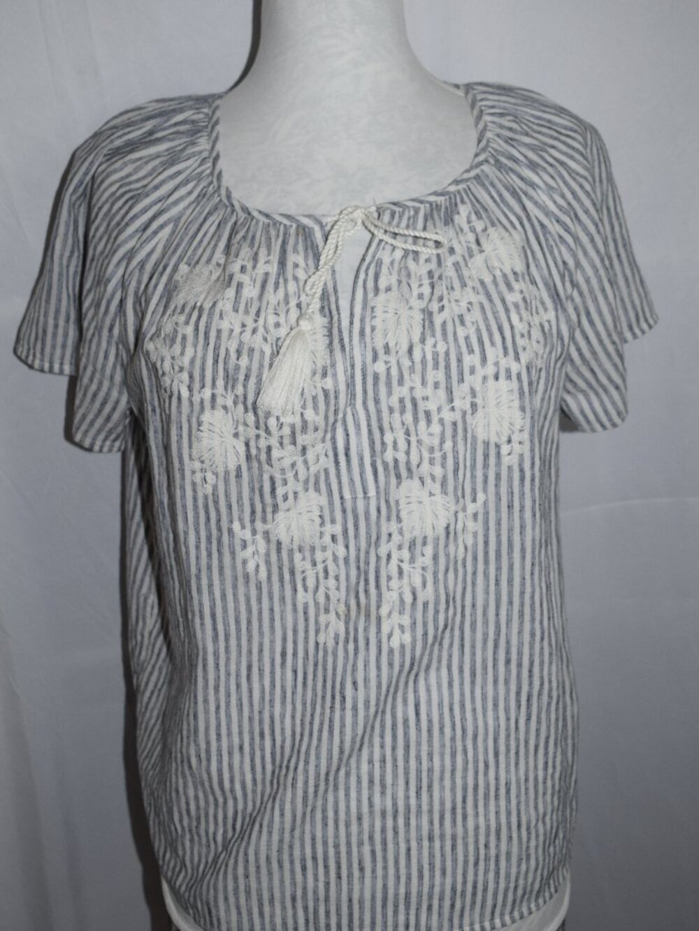 Lucky Brand Stripe Embroidered Floral Boho Peasant Blouse Shirt Top Ties U2